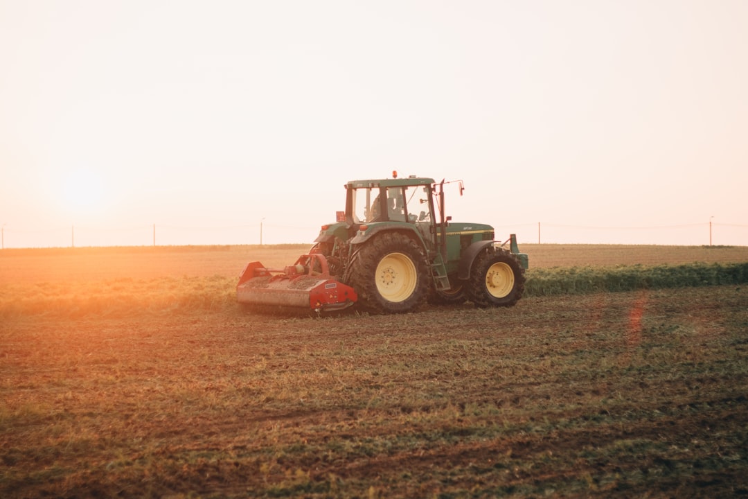 McNairy County tractor pulling a rotary cutter through a partially cleared field at golden hour